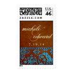 Vintage Brown & Blue Damask Lace Wedding Logo Postage Stamp