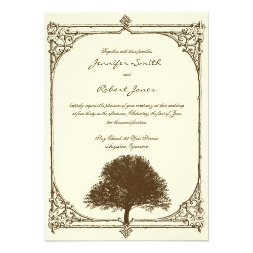 Vintage Brown Oak Tree on Cream Wedding Invitation