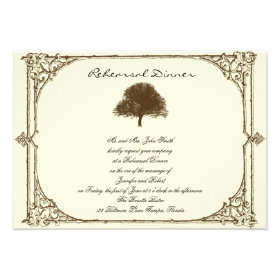 Vintage Brown Oak Tree on Cream Wedding Rehearsal Invitation