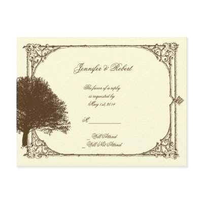 Vintage Brown Oak Tree on Cream Wedding RSVP Post Cards