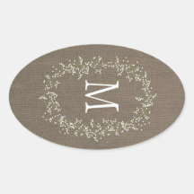 Vintage Burlap Floral Monogram Oval Stickers