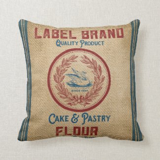 Vintage Burlap Poultry Flour Sack Throw Pillow