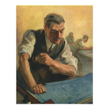 Vintage Business, Architect Reviewing Blueprints Custom Invites