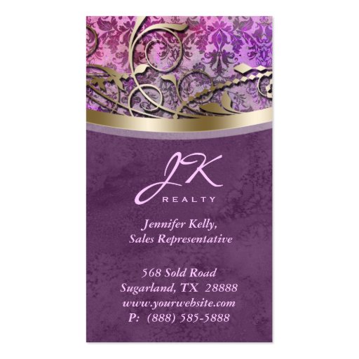 Vintage Business Card Damask Frame Gold Purple (back side)