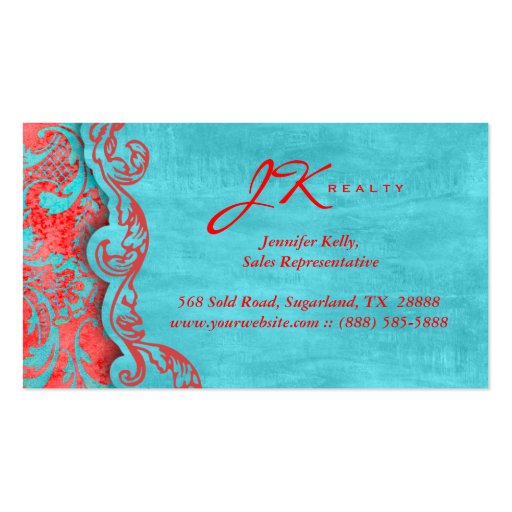 Vintage Business Card Damask Suede Blue Red 2 (back side)