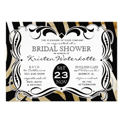 Vintage Calligraphy Zebra Print Bridal Shower Invitation