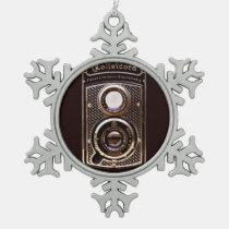 camera, rolleicord, art deco, vintage, photography, antique, funny, retro, classic, christmas ornament, camera gift, vintage camera, photographer, art, deco, pewter snowflake ornament, [[missing key: type_photousa_ornamen]] with custom graphic design