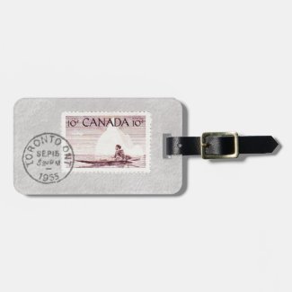 Vintage Canadian Postage Stamp with Eskimo And Iceberg on a Luggage Tag for travellers