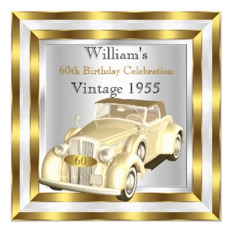 Vintage Car Men's 60th Birthday Party Gold White Invitation