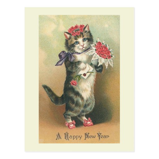 "Vintage Cat Happy New Year" Postcard