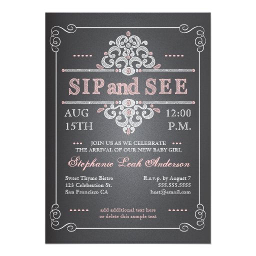 Vintage Chalkboard Baby Girl Sip & See Invitation