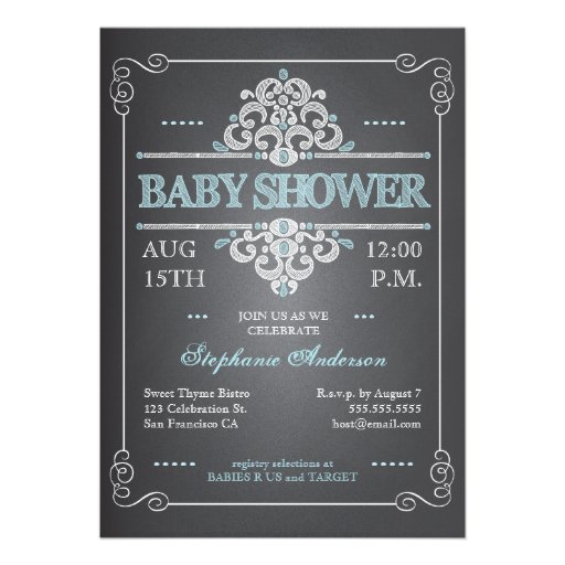 Vintage Chalkboard Baby Shower Boy Blue Invitation (front side)