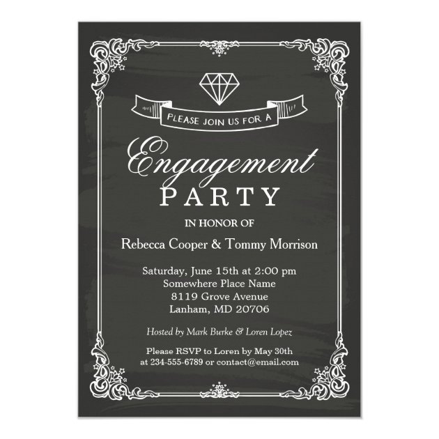 Vintage Chalkboard Frame Diamond Engagement Party Card (front side)