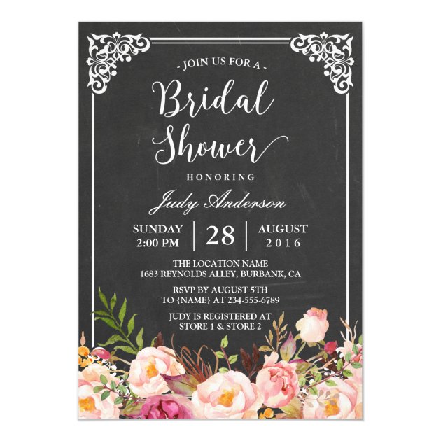 Vintage Chalkboard Frame Floral Bridal Shower Card (front side)