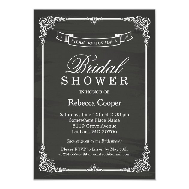 Vintage Chalkboard Frame Wedding Bridal Shower Card (front side)