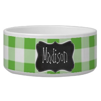 Vintage Chalkboard look, Green Checkered; Gingham Pet Water Bowls
