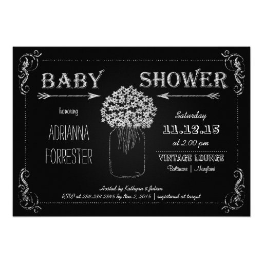 Vintage Chalkboard MasonJar Flowers Baby Shower Custom Announcement