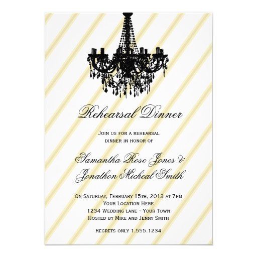 Vintage Chandelier Black and Gold Rehearsal Dinner Announcement