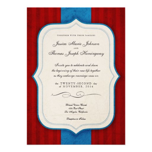 Vintage Charm Red & Blue Monogram Wedding Custom Announcement