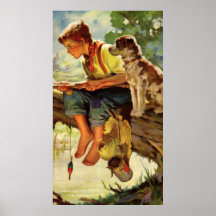 Vintage Child, Boy Fishing with His Pet Dog Mutt Print