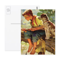 Vintage Child, Boy Fishing with His Pet Dog Postcards