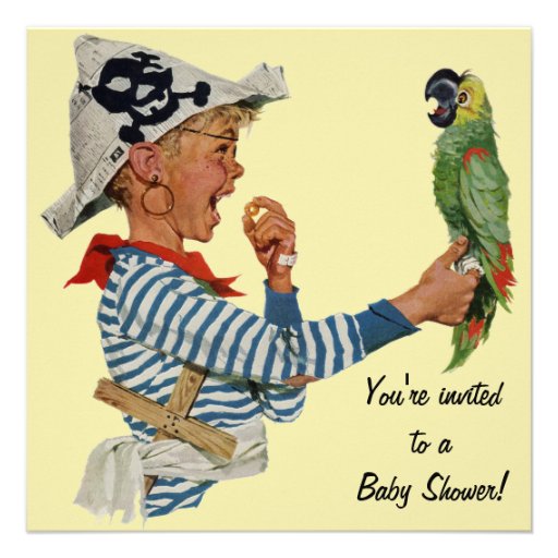 Vintage Child, Boy Pirate Parrot Bird, Baby Shower Custom Announcements