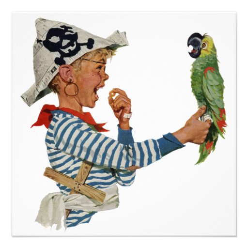 Vintage Child, Boy Playing Pirate with His Parrot Custom Invites
