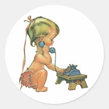 Vintage Child Cute Blond Girl Talking on Toy Phone Round Stickers