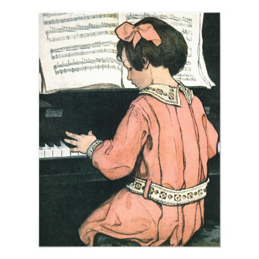 Vintage Child, Girl Playing Piano Birthday Party Invitations