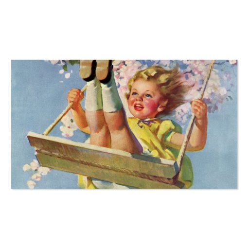 Vintage Child, Girl Swinging on Tree Swing, Spring Business Card Templates (back side)