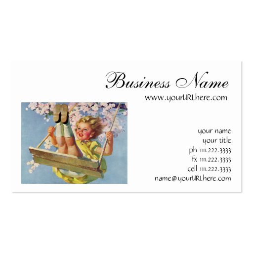 Vintage Child, Girl Swinging on Tree Swing, Spring Business Card Templates (front side)