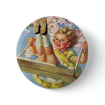 Vintage Child, Girl Swinging on Tree Swing, Spring Pinback Buttons