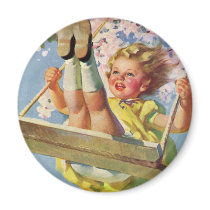 Vintage Child, Girl Swinging on Tree Swing, Spring Refrigerator Magnet