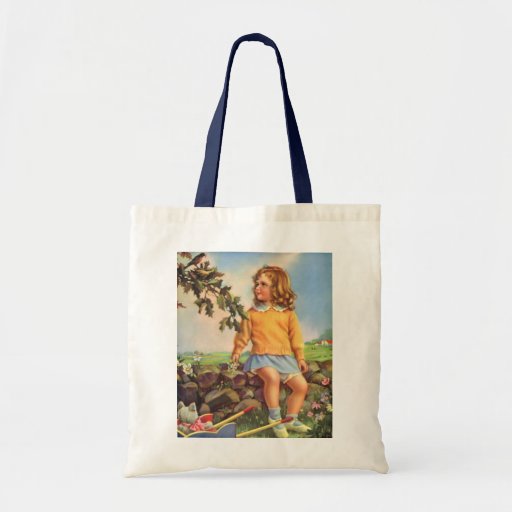 Vintage Child, Girl Watching Birds in Tree, Spring Canvas Bags