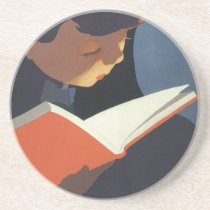 Vintage Child Reading a Book, Back to School Time! Coasters