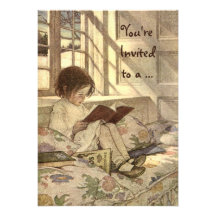Vintage Child Reading a Book Birthday Party Personalized Invites
