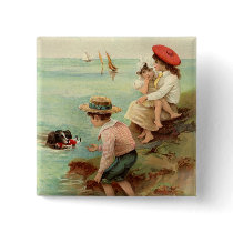 Vintage - Children at the beach buttons by VintageVibes Vintage - Children at the beach buttons