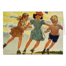 Vintage Children, Boys Girls Fun Roller Skating Greeting Card