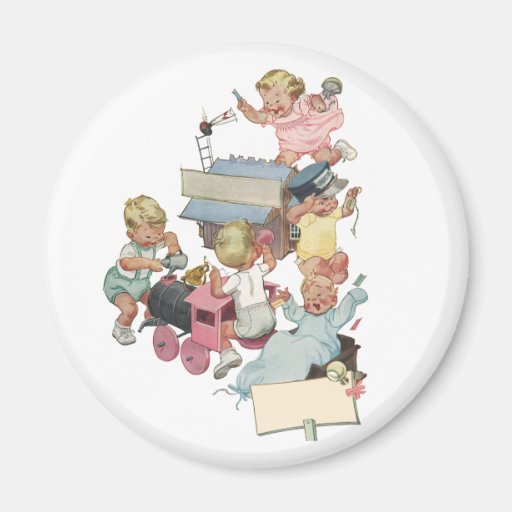 Vintage Children Having Fun Playing w Toy Trains Magnets