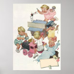 Vintage Children Having Fun Playing w Toy Trains Poster