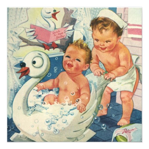 Vintage Children Playing Bubble Bath, Baby Shower Personalized Invitation