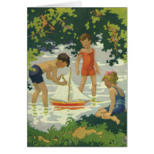 Vintage Children Playing Toy Sailboats Summer Pond Cards