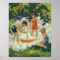 Vintage Children Playing with Sailboats in Summer
