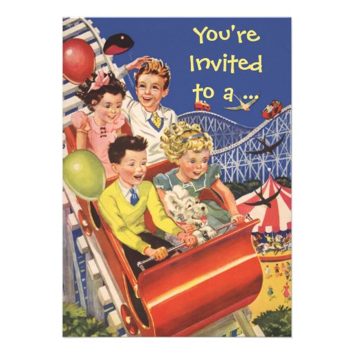 Vintage Children Roller Coaster Fun Birthday Party Invitations