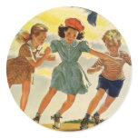 Vintage Children Roller Skating Round Stickers