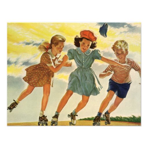 Vintage Children, Skating Skater Birthday Party Custom Announcement