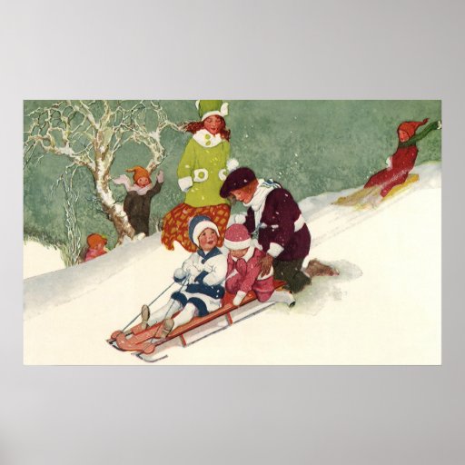 Vintage Children Sledding Playing in the Snow Poster