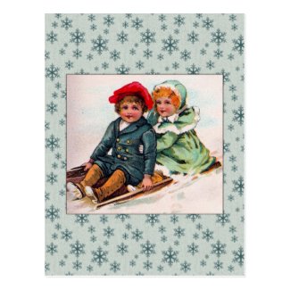 Vintage Children Sledding Print Postcard