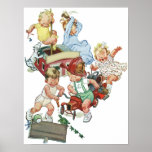 Vintage Children Toddlers Playing with Fire Trucks Poster