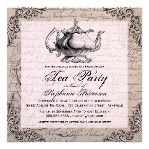 Vintage China Teapot Bridal Shower Tea Party Invite